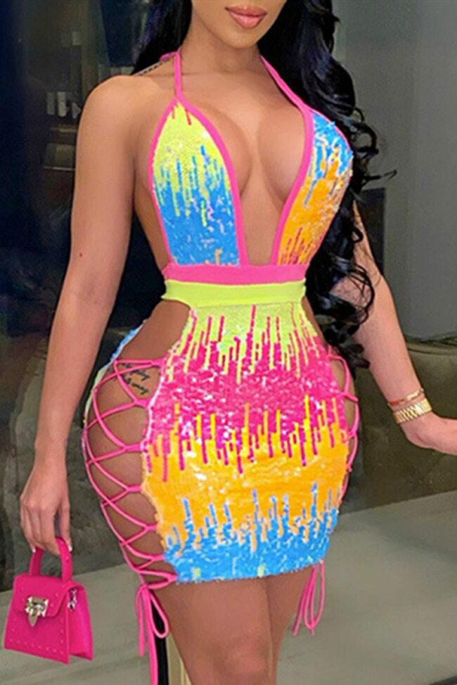 Fashion Sexy Patchwork Hollowed Out Sequins Backless Halter Sling Dress