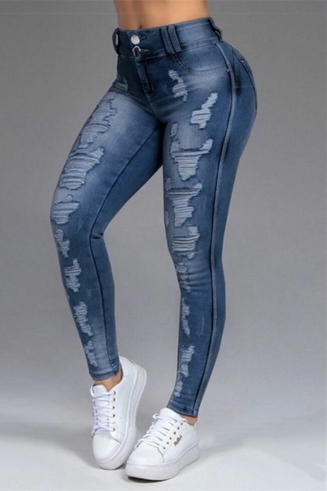 Fashion Casual Solid Ripped Mid Waist Skinny Jeans