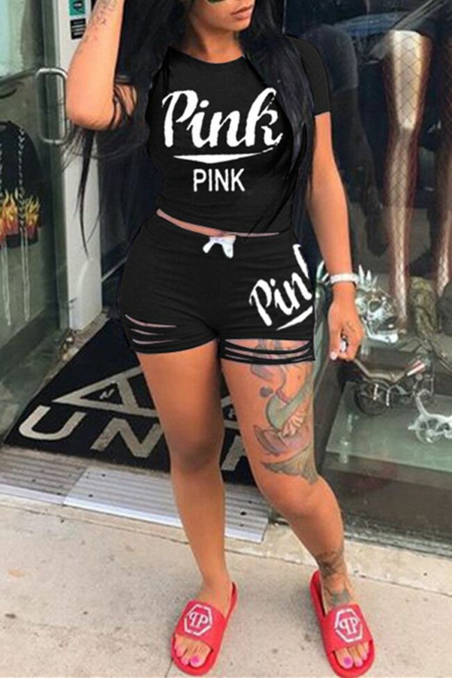 Fashion Casual Letter Print Ripped O Neck Short Sleeve Two Pieces