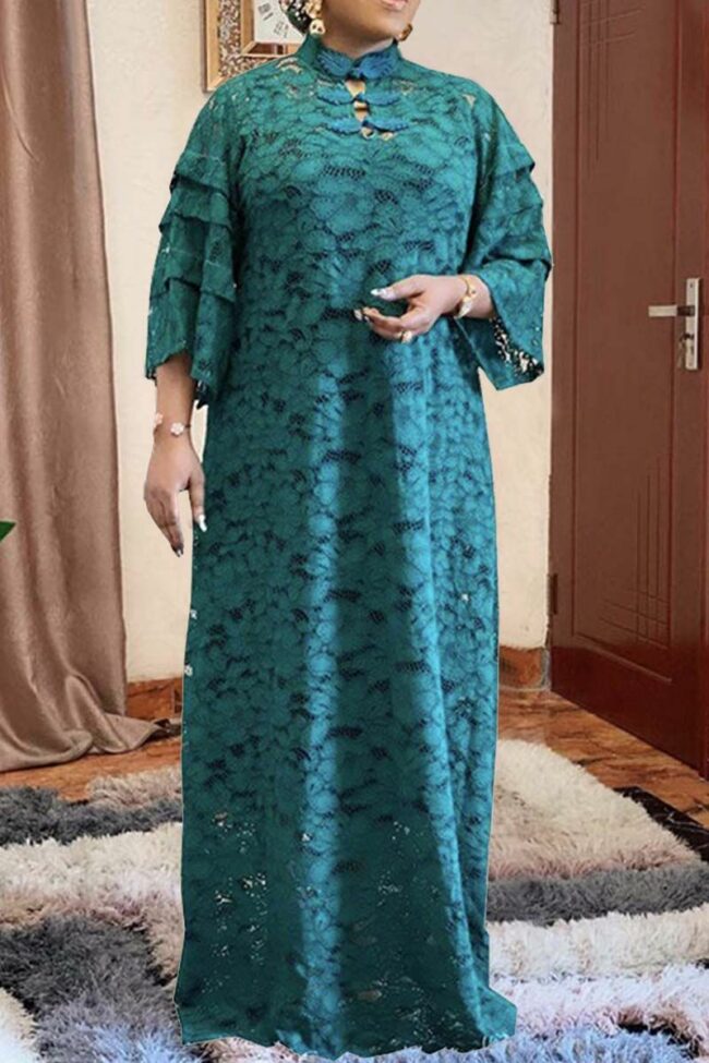 Fashion Casual Solid Embroidered Mandarin Collar Plus Size Dress