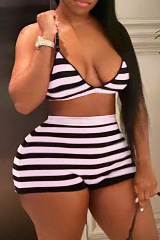 Sexy Striped Split Joint Halter Sleeveless Two Pieces