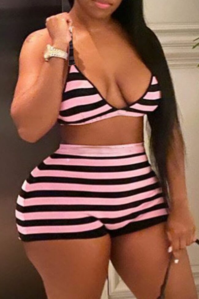 Sexy Striped Split Joint Halter Sleeveless Two Pieces