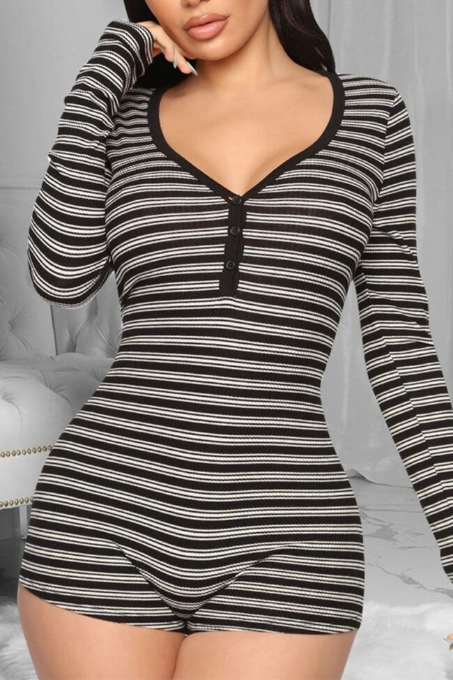 Casual Striped Buttons V Neck Regular Jumpsuits