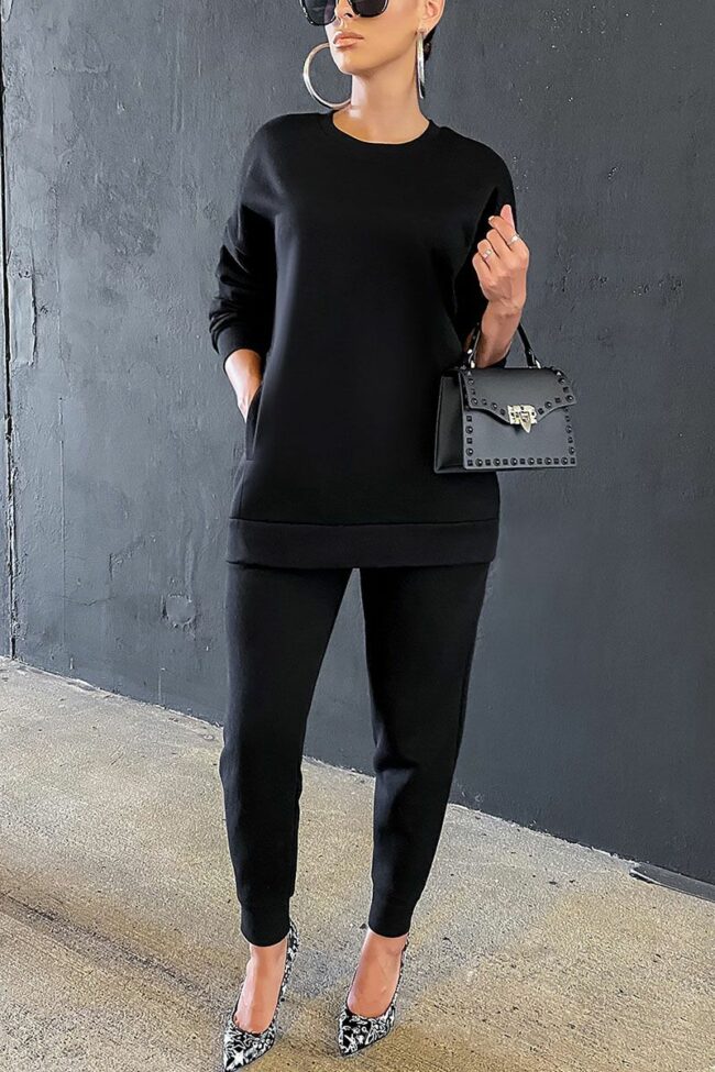 Work Daily Solid O Neck Long Sleeve Two Pieces