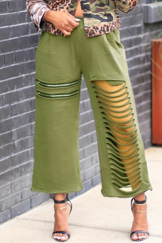 Fashion Casual Solid Ripped High Waist Straight Trousers