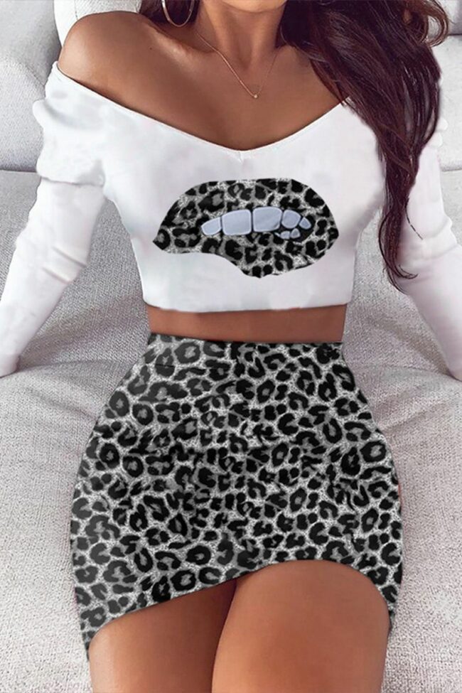 Sexy Leopard Lips Printed Printing Long Sleeve Two Pieces