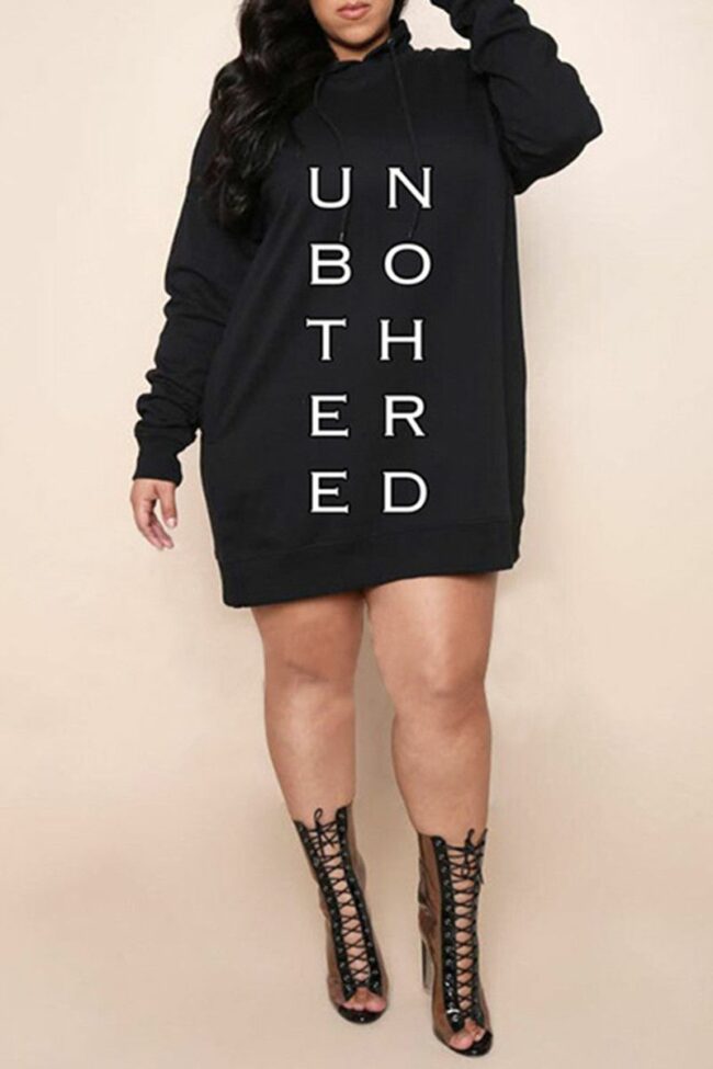 Fashion Casual Letter Print Basic Hooded Collar Long Sleeve Plus Size Dress