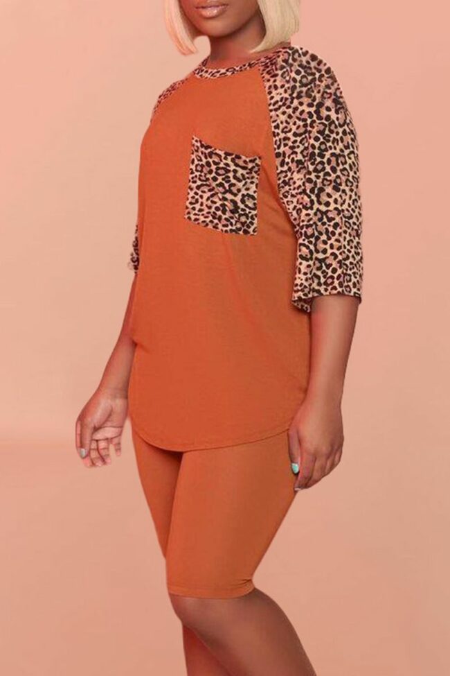 Casual Leopard Split Joint O Neck Short Sleeve Two Pieces