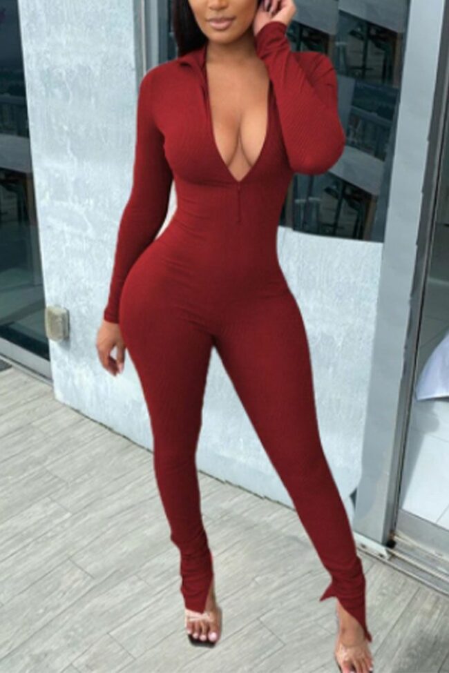 Casual Solid V Neck Skinny Jumpsuits