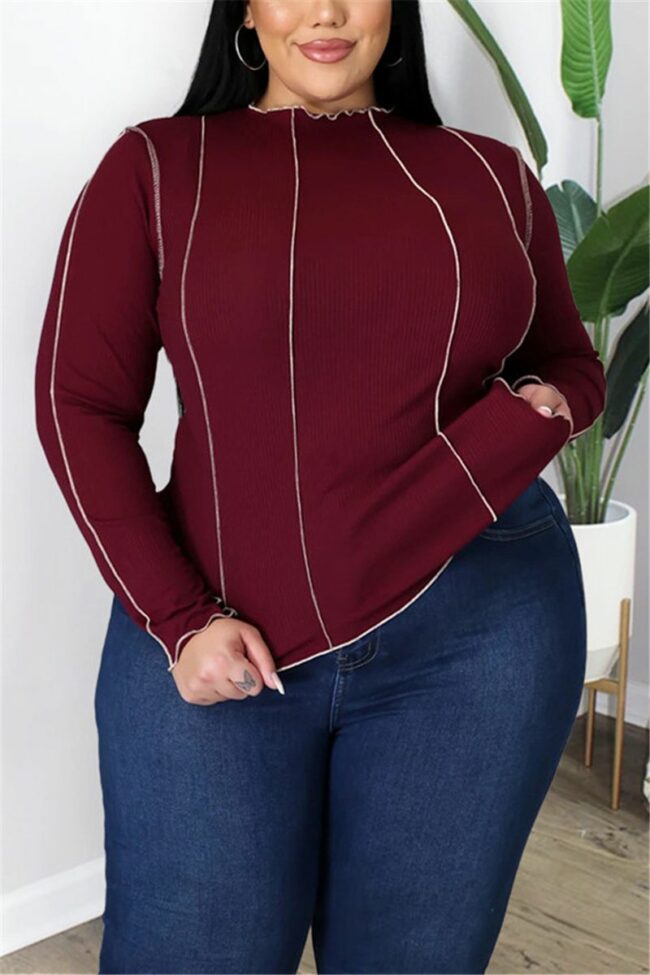 Fashion Casual Solid Split Joint O Neck Plus Size Tops