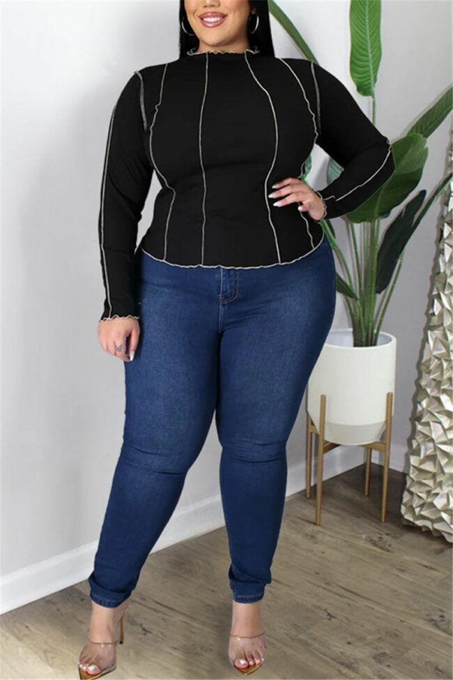 Fashion Casual Solid Split Joint O Neck Plus Size Tops