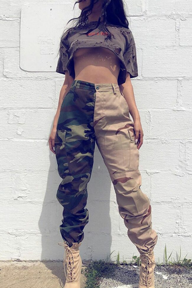 Fashion Casual Camouflage Print High Waist Patchwork Trousers