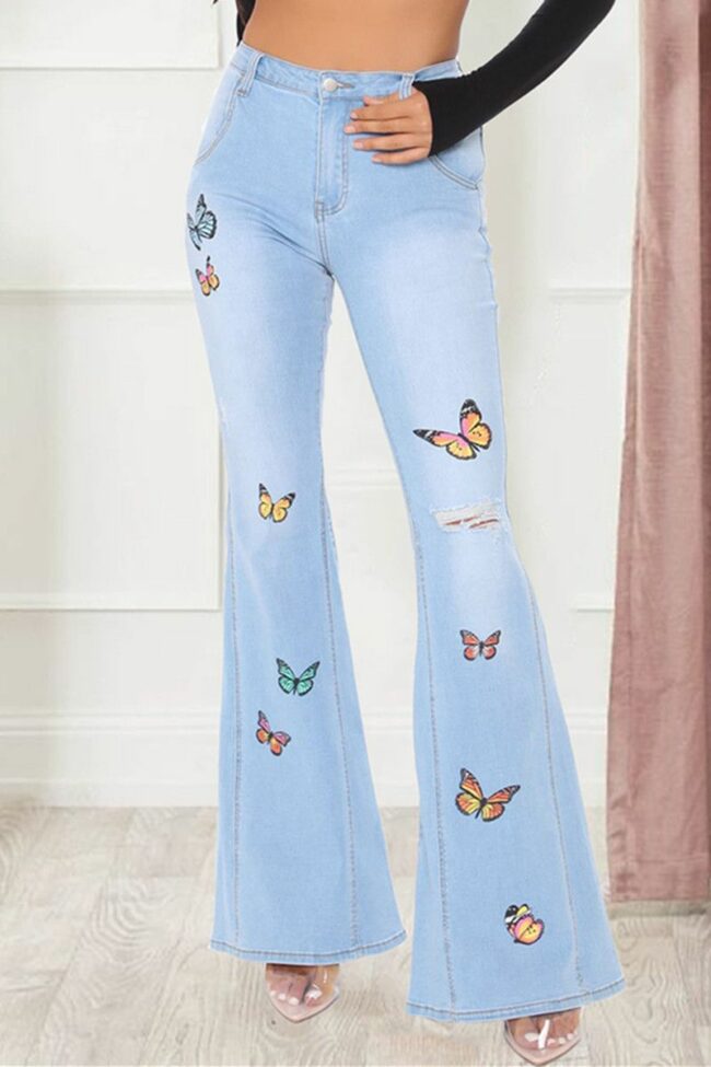 Fashion Casual Butterfly Print Ripped Mid Waist Boot Cut Jeans