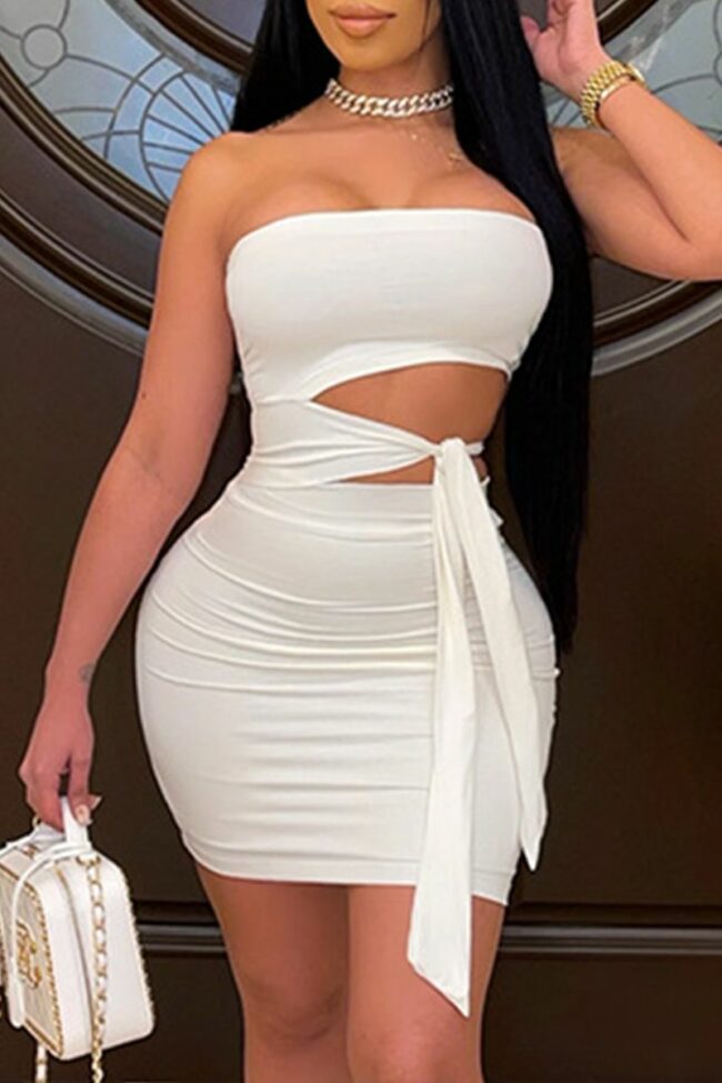 Fashion Sexy Solid Hollowed Out Backless Strapless Sleeveless Dress