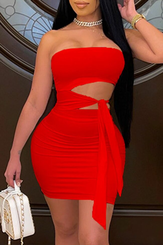 Fashion Sexy Solid Hollowed Out Backless Strapless Sleeveless Dress