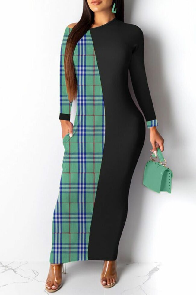 Casual Plaid Split Joint O Neck Straight Dresses