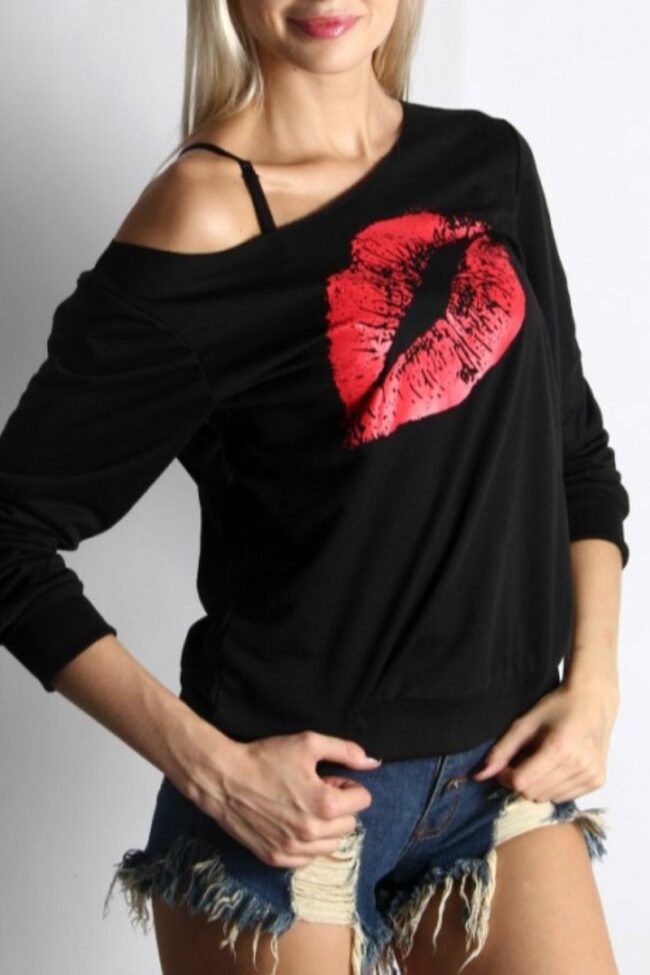 Casual Lips Printed Basic Oblique Collar Plus Size Tops