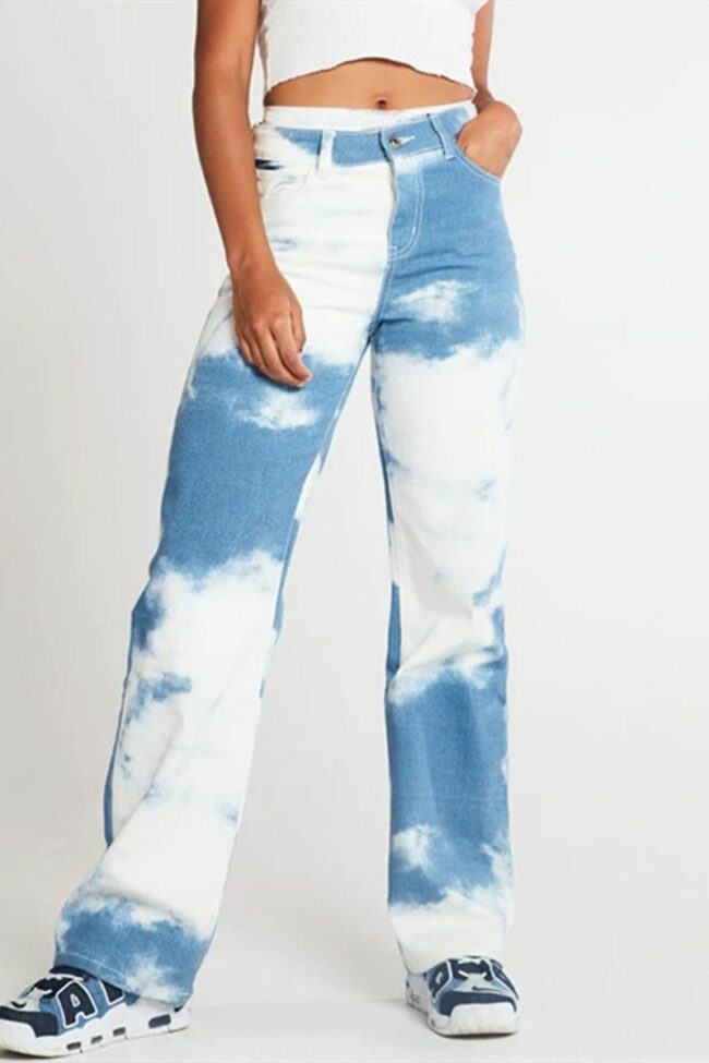 Fashion Casual Print Basic High Waist Straight Jeans