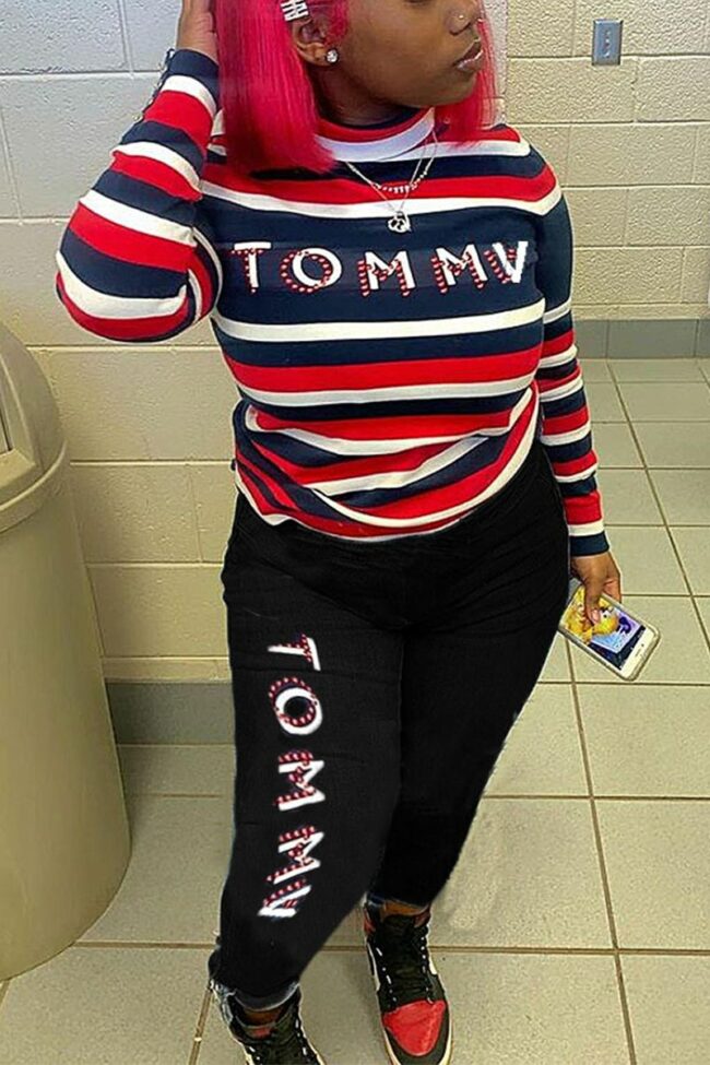 Sexy Striped Letter Half A Turtleneck Long Sleeve Two Pieces