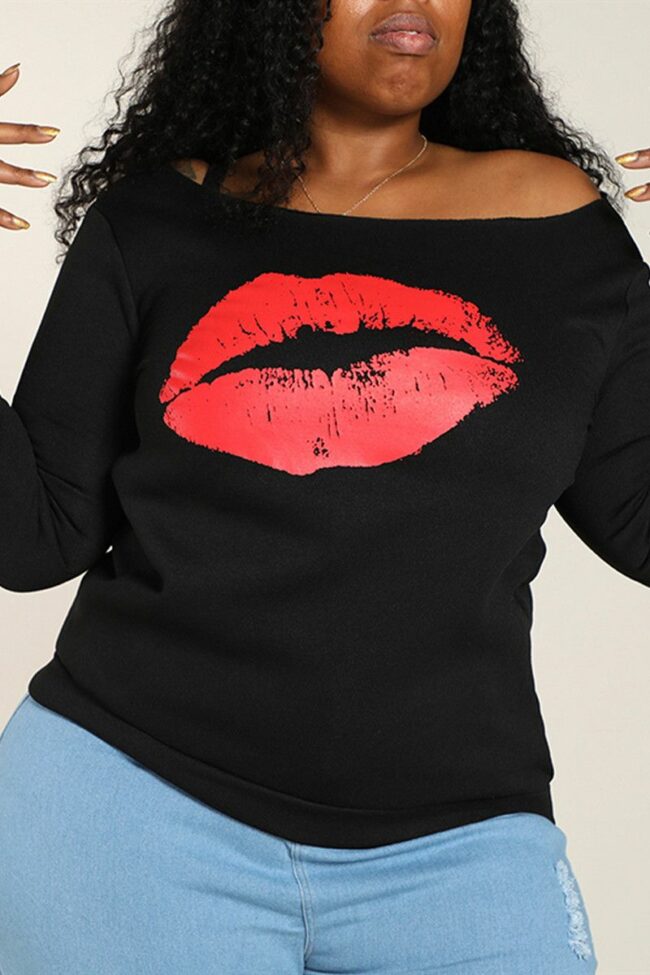 Casual Lips Printed Basic Oblique Collar Plus Size Tops