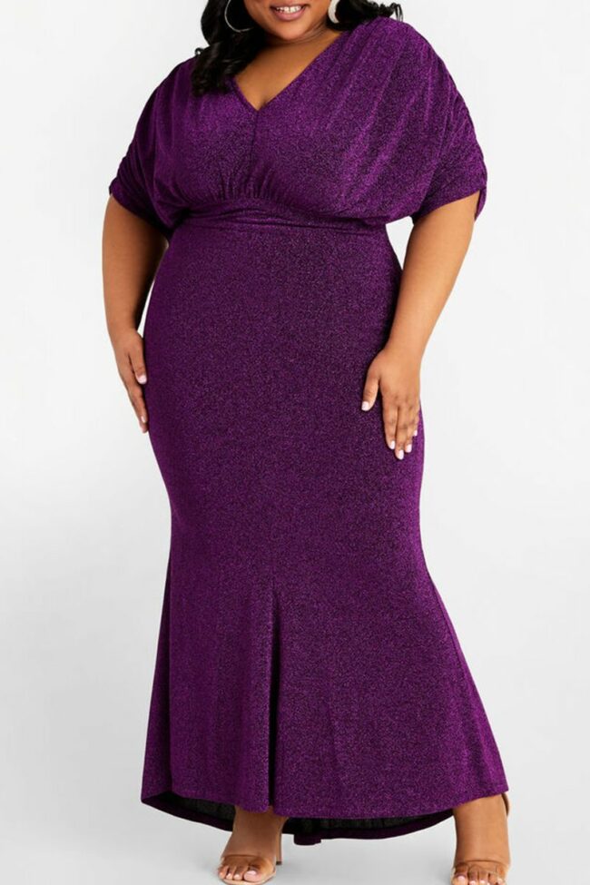 Sexy Solid Split Joint V Neck Evening Dress Plus Size