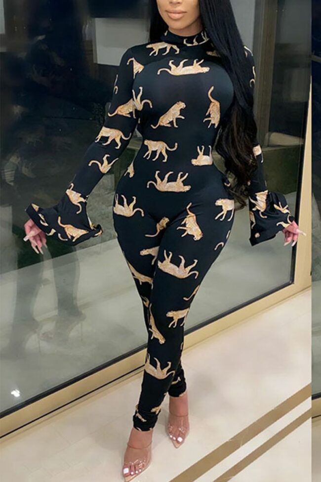 Sexy Print Hollowed Out Half A Turtleneck Skinny Jumpsuits