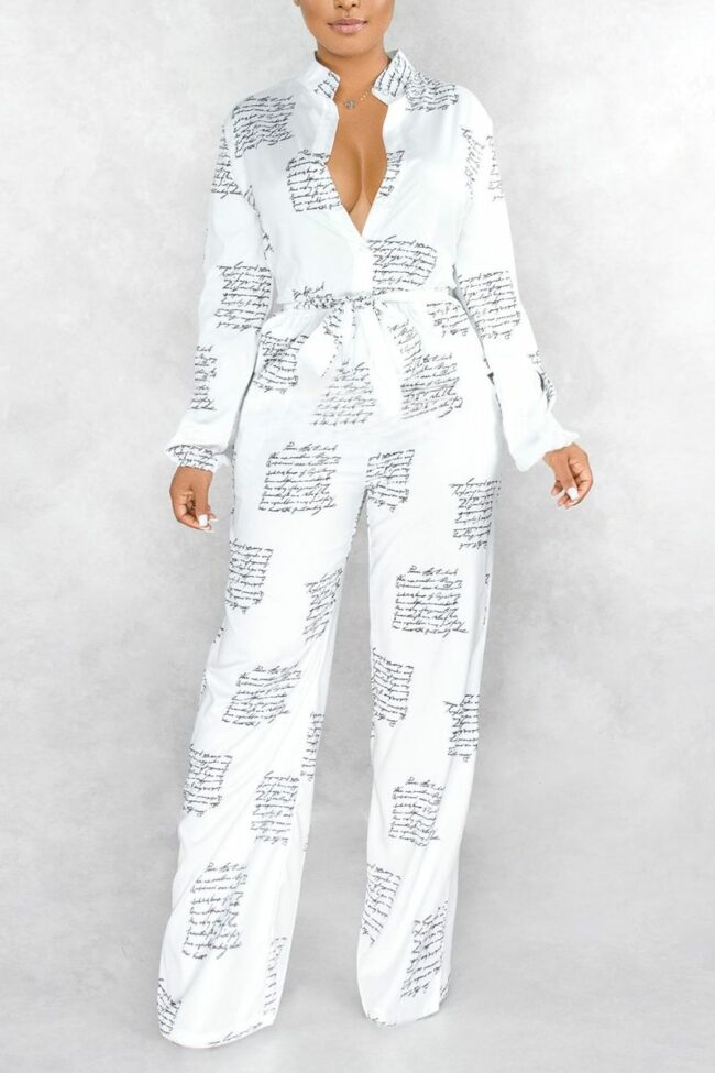 Casual Print Letter Turndown Collar Loose Jumpsuits