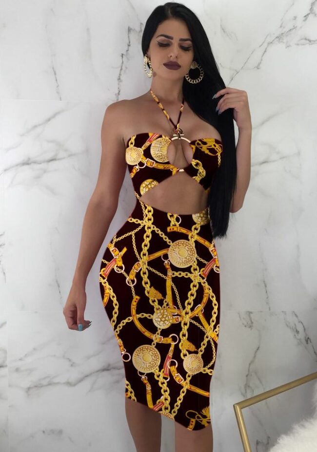 Fashion Casual adult As Show-2 As Show-1 Off The Shoulder Sleeveless Halter Neck Asymmetrical Knee-Length Print Patchwork bandage hollow out Dresses