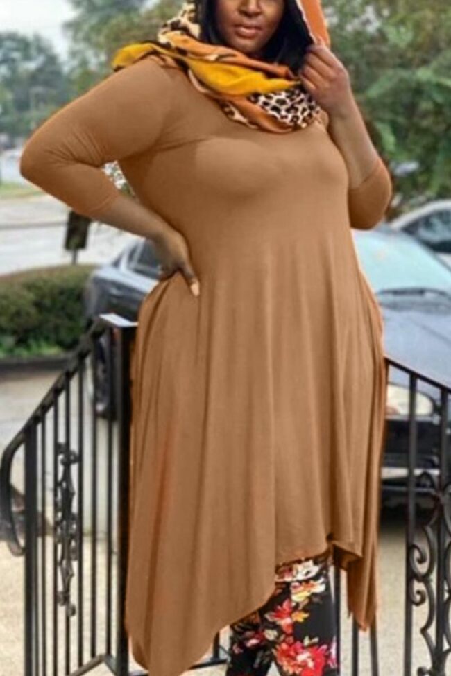 Casual Solid Split Joint O Neck Irregular Dress Plus Size