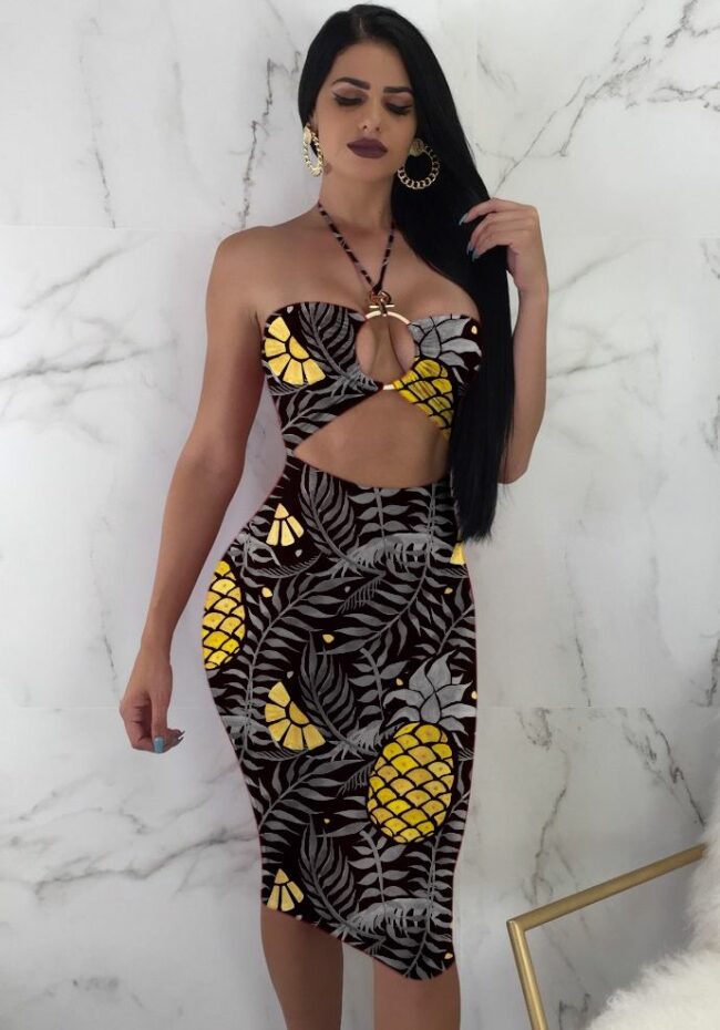Fashion Casual adult As Show-2 As Show-1 Off The Shoulder Sleeveless Halter Neck Asymmetrical Knee-Length Print Patchwork bandage hollow out Dresses