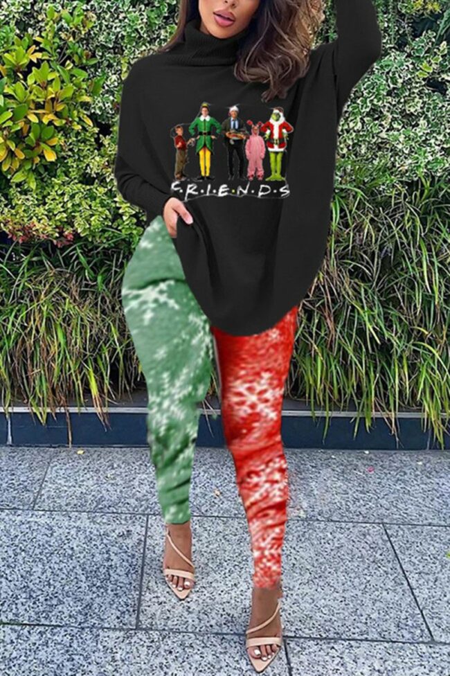 Fashion Casual Print Basic Turtleneck Long Sleeve Two Pieces