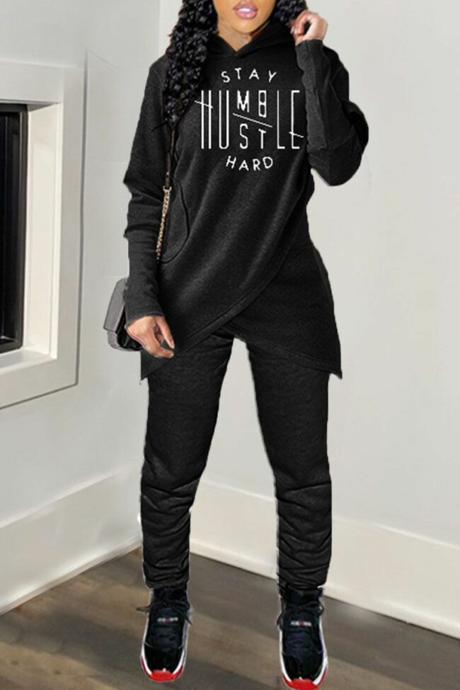Casual Letter Split Joint Hooded Collar Long Sleeve Two Pieces