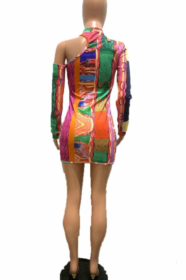 Casual Print Oblique Collar Pencil Skirt Dresses