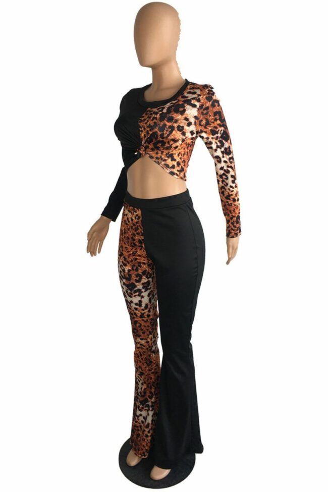 Sexy Leopard Split Joint O Neck Long Sleeve Two Pieces