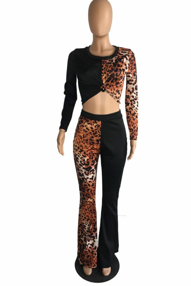 Sexy Leopard Split Joint O Neck Long Sleeve Two Pieces