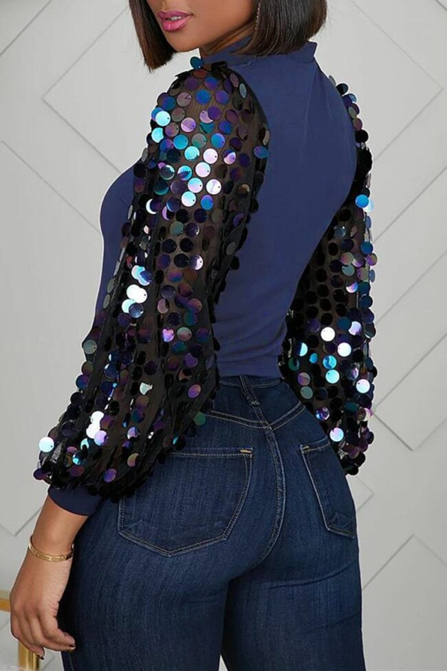 Fashion Casual Patchwork Sequins Half A Turtleneck Tops