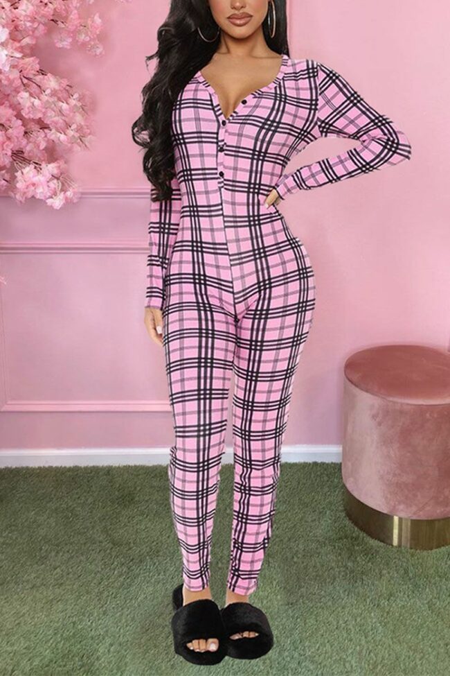 Casual Plaid O Neck Skinny Jumpsuits