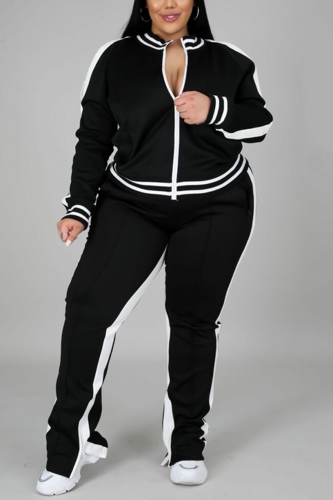 Fashion Casual Sportswear Zipper Collar Long Sleeve Regular Sleeve Patchwork Plus Size Set