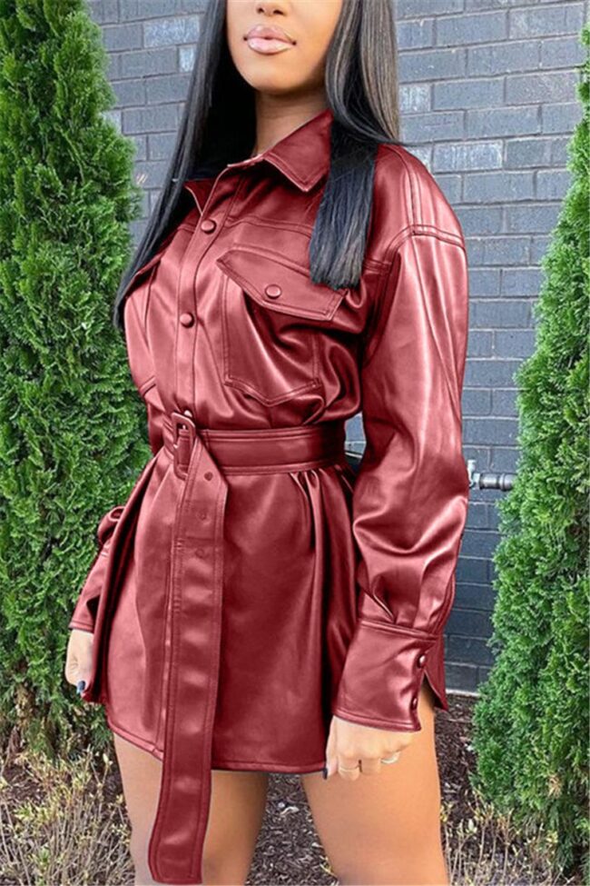 Fashion Casual Solid With Belt Turndown Collar Outerwear