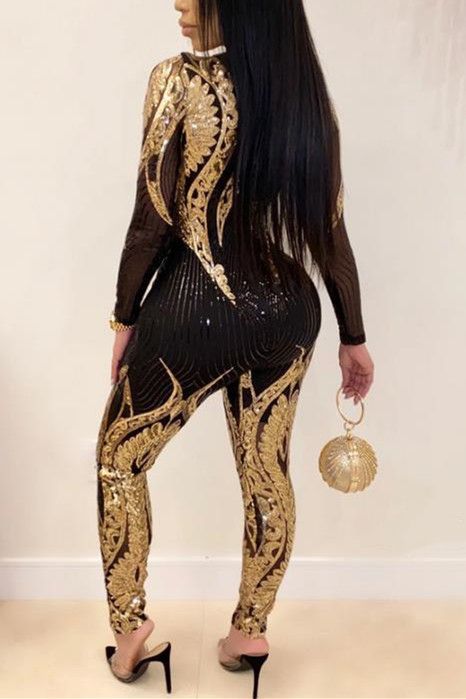 Fashion Long Sleeve Perspective Sequins Jumpsuit