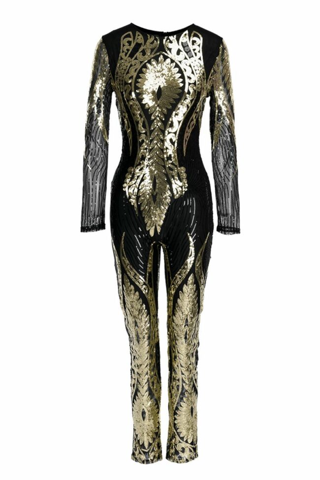 Fashion Long Sleeve Perspective Sequins Jumpsuit