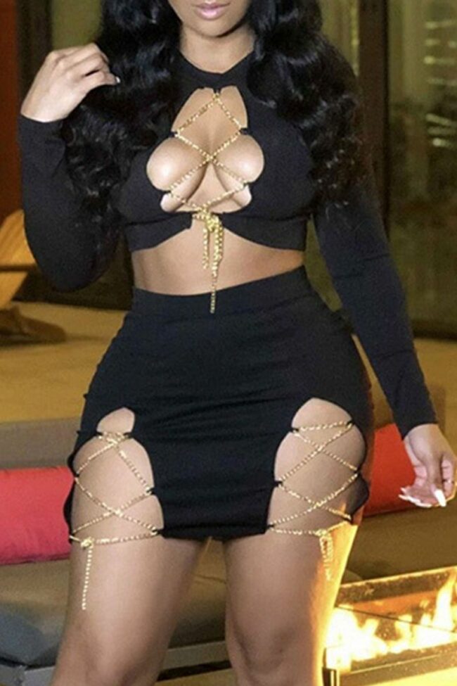 Sexy Solid Hollowed Out Chains Slit O Neck Long Sleeve Two Pieces