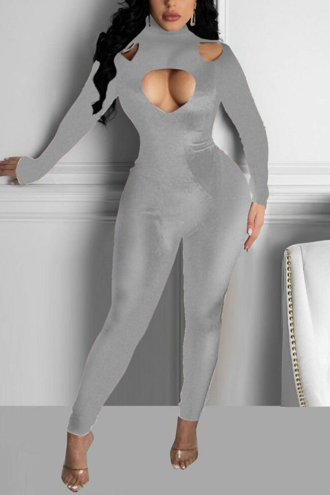 Sexy Solid Hollowed Out Turtleneck Jumpsuits