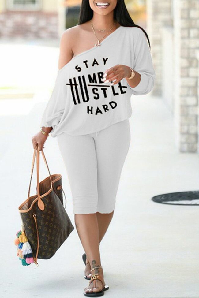 Fashion Casual Letter Print Basic Oblique Collar Long Sleeve Two Pieces