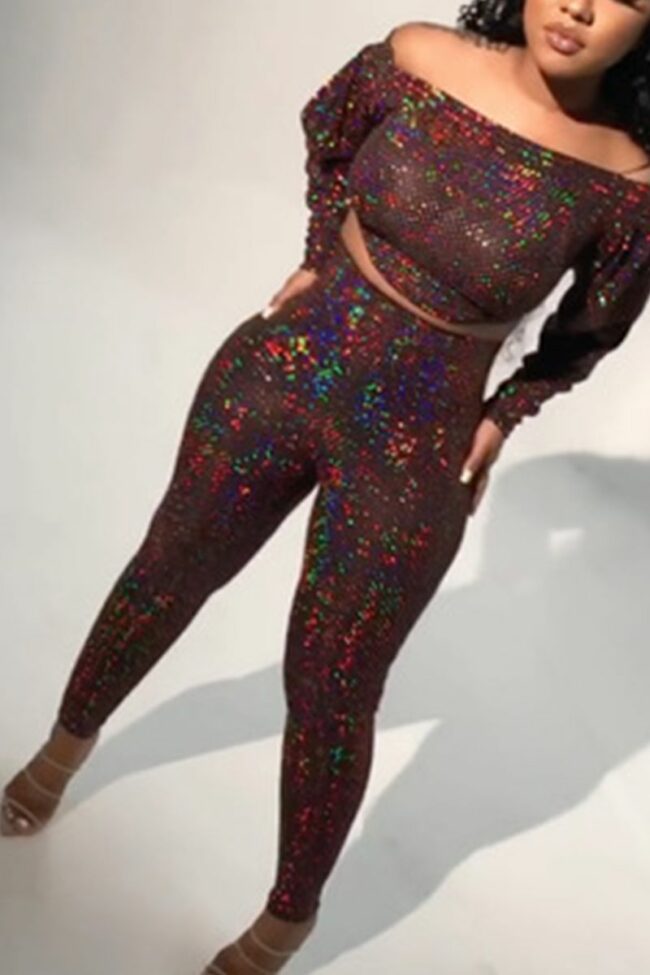 Sexy Patchwork Sequins Bateau Neck Long Sleeve Two Pieces