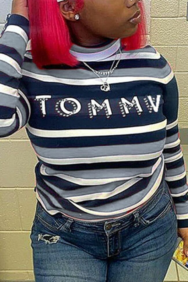 Fashion Casual Letter Striped Print Basic Turtleneck Tops