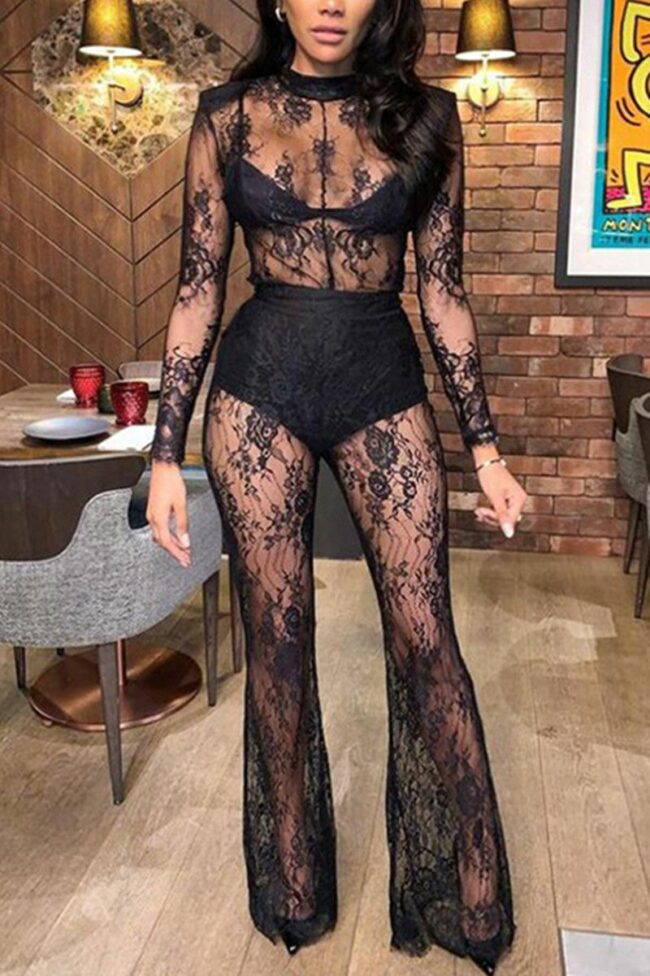 Fashion Sexy Solid See-through O Neck Regular Lace Jumpsuits