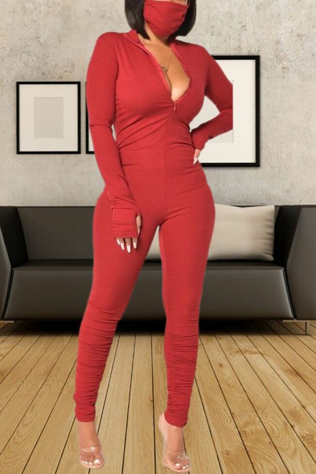 Sexy Solid Split Joint Frenulum Buttons Fold O Neck Regular Jumpsuits