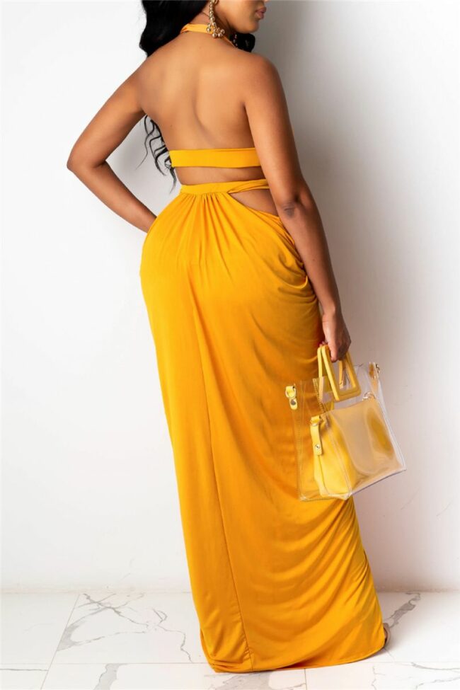 Fashion Sexy Solid Hollowed Out Backless Slit Halter Sleeveless Dress