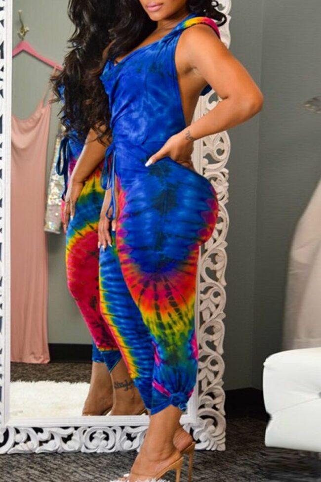 Sexy Casual Print Tie-dye Backless Hooded Collar Regular Jumpsuits